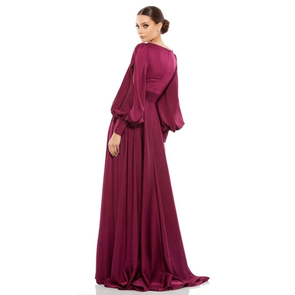 NWT‎ Mac Duggal $398 FLOWY SPLIT BISHOP SLEEVE FAUX WRAP GOWN 67847 WINE SZ 4 - Picture 3 of 4